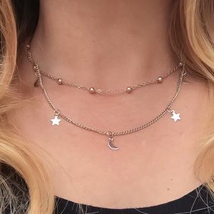 Silver Star x Moon Dainty Choker Necklace NEW